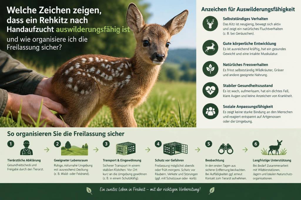 Welche zeichen zeigen, dass ein rehkitze nach handaufzucht auswilderungsfähig ist und wie organisiere ich die freilassung sicher